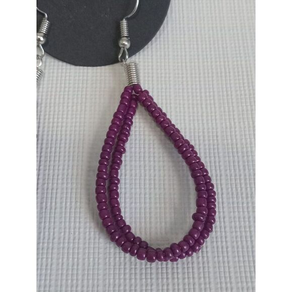 Dark Purple Seed Beaded Double Teardrop Shaped Lightweight Dangle Drop Earrings - Picture 7 of 8